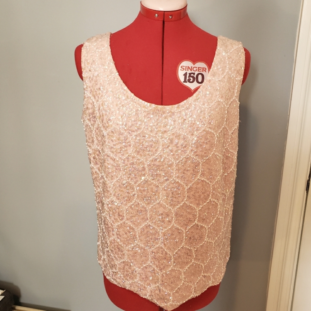 Pink sequin wool blend sleeveless blouse